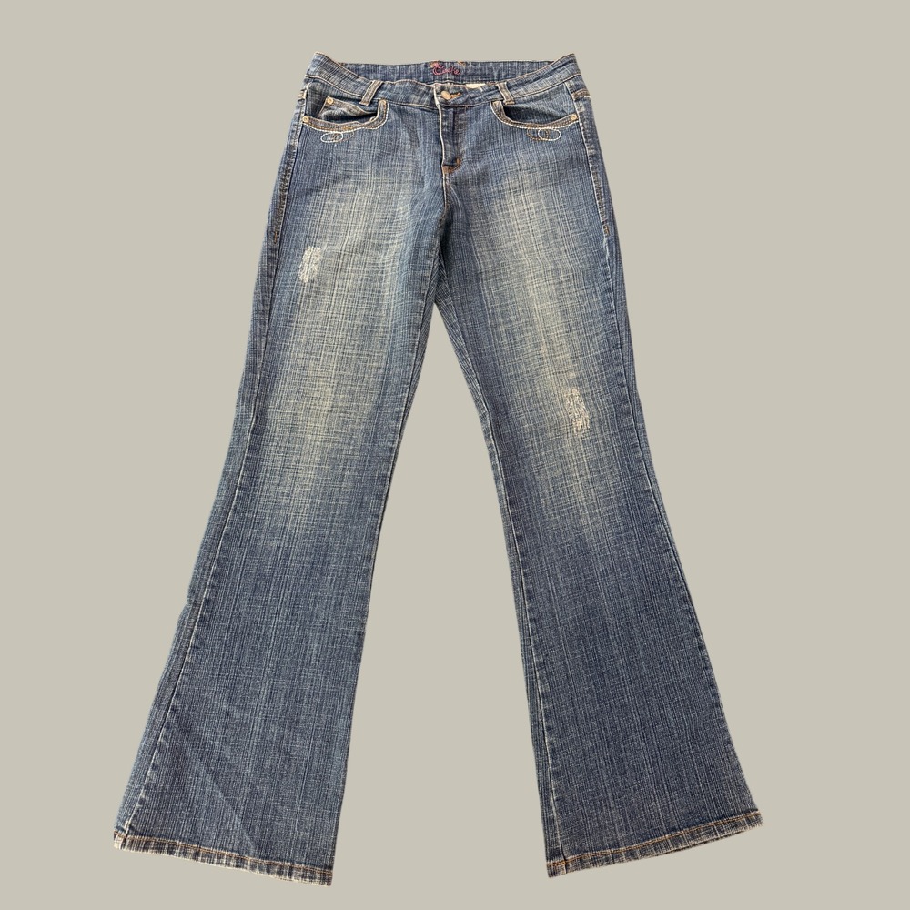 Cache Bootcut Jeans Womens 6 Blue Distressed Embroidered Y2K Denim vtg
